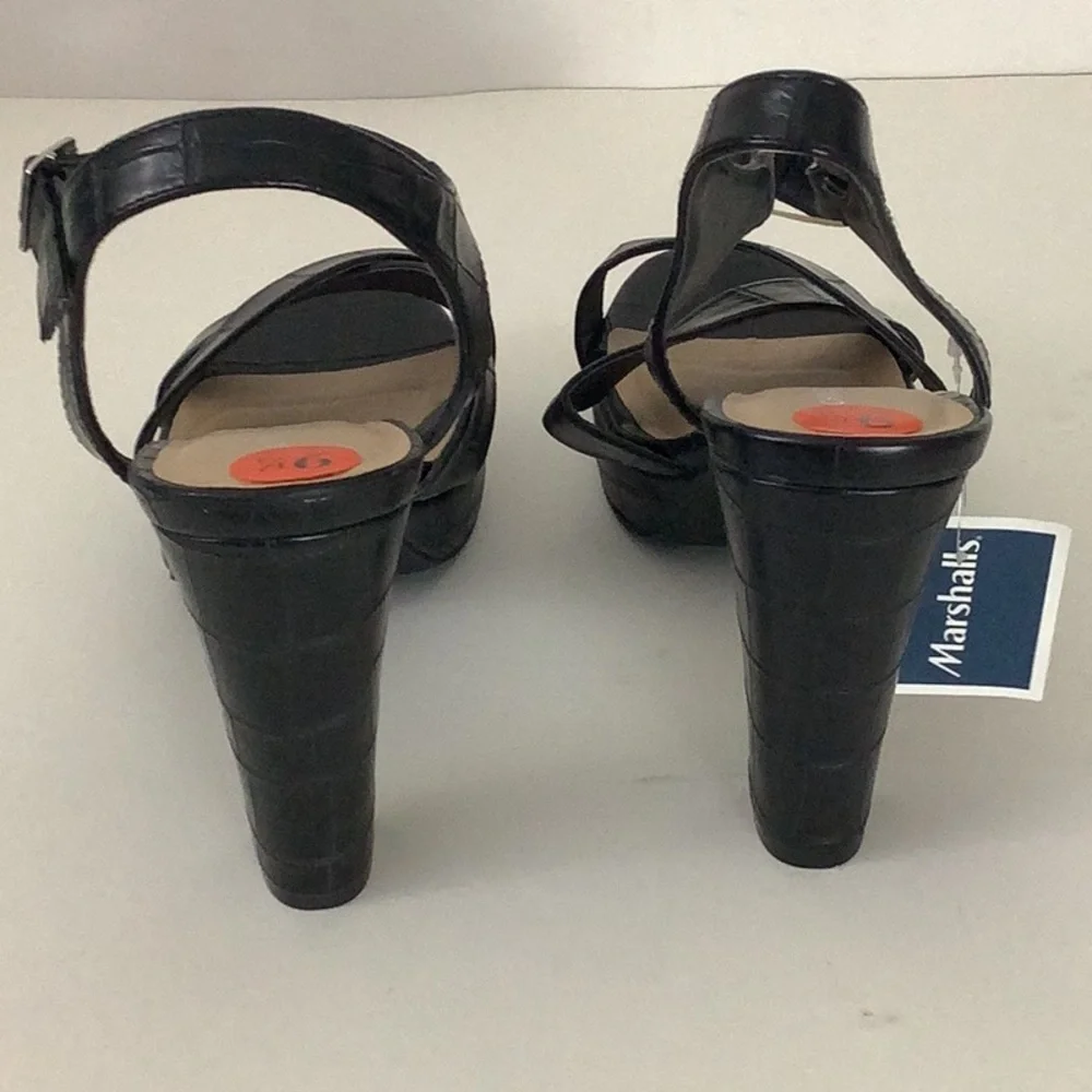 Chinese Laundry Black Platform Ankle Strap Sandals 4” Heel Patchwork Design. New